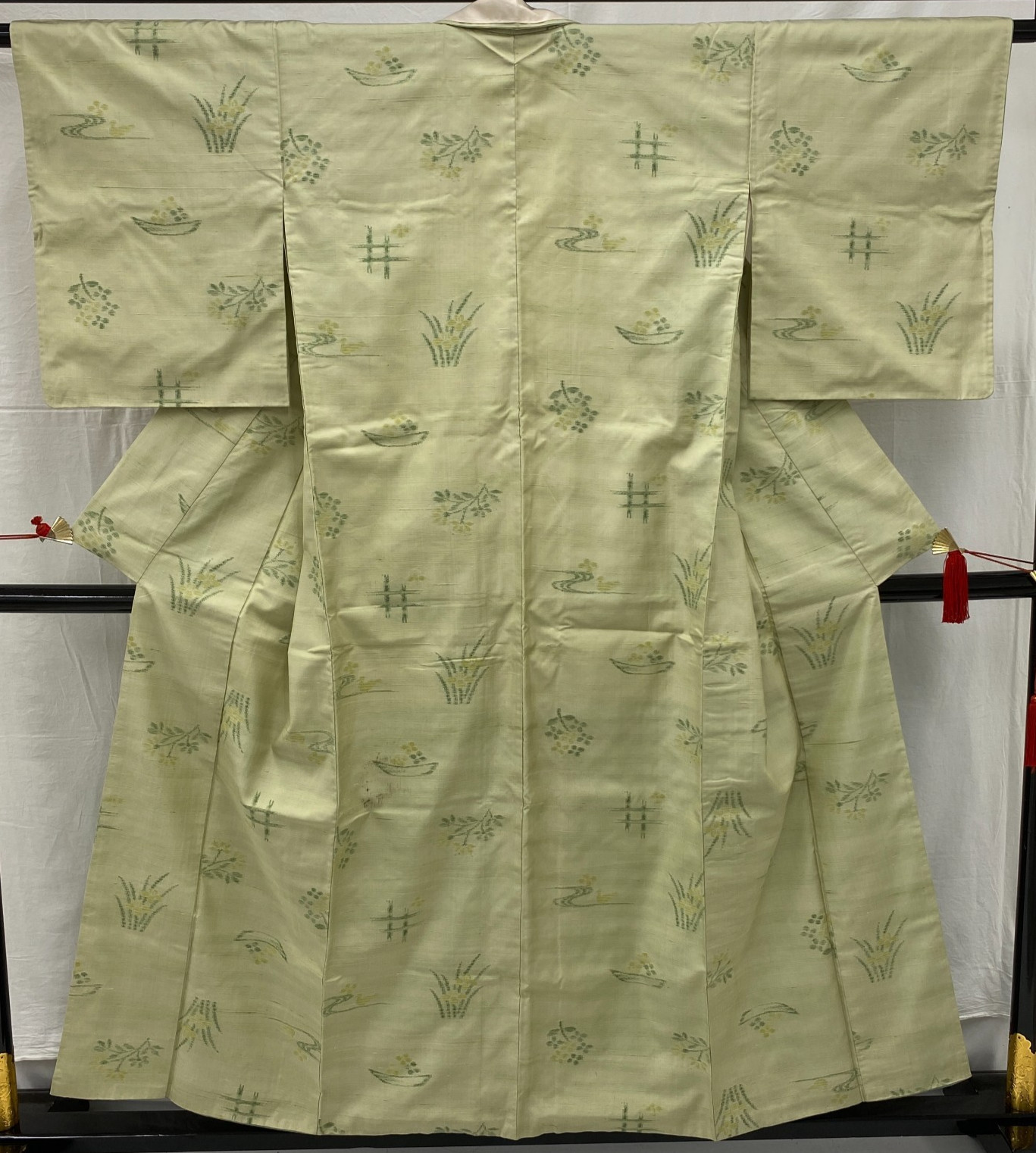 Japanese Vintage Kimono Polyester Green Komon Traditional Authentic Length 60in