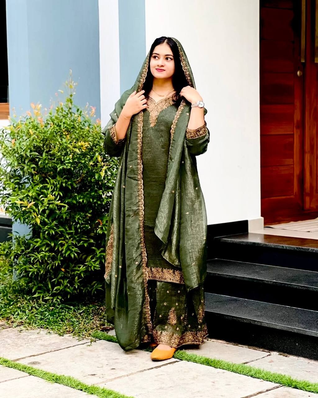 Wedding Wear Mehndi Green Crunchy Silk Kurta Palazzo With Dupatta For Women