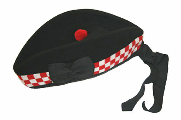 SCOTTISH PIPER HAT 100% PURE WOOL BLACK GLENGARRY DOUBLE DICED HAT