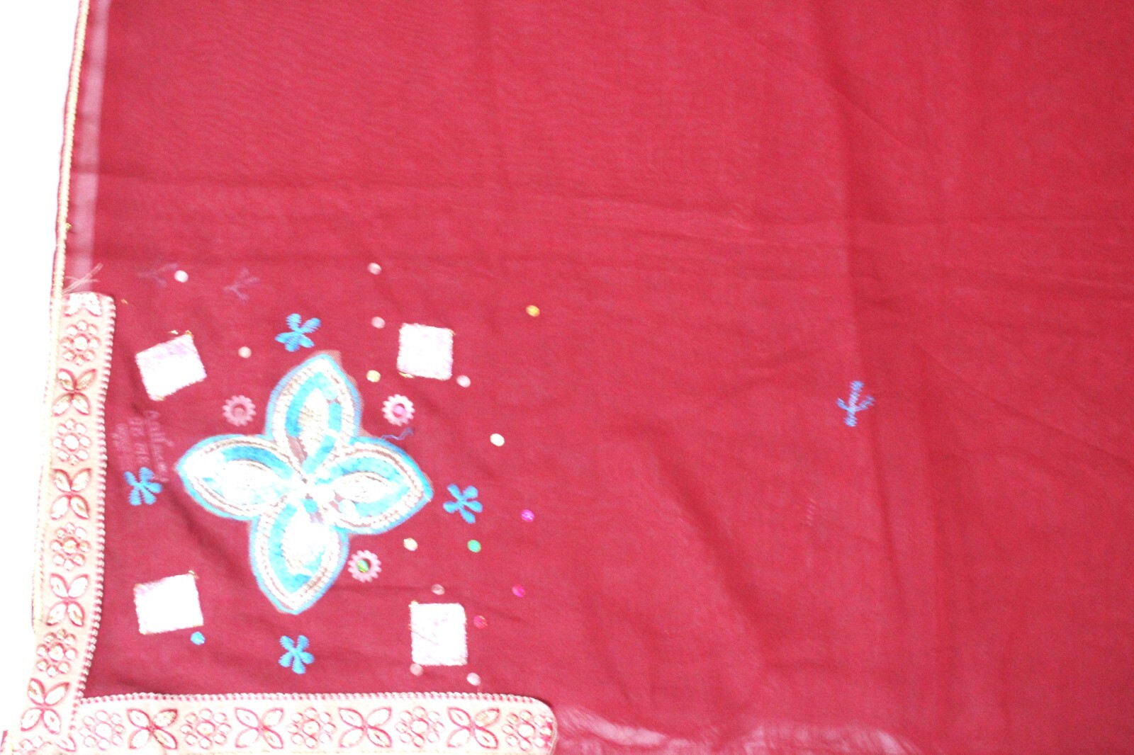 Vintage Saree Indian Red Used Recycled Fabric Solid Sewing Georgette Sari Dress