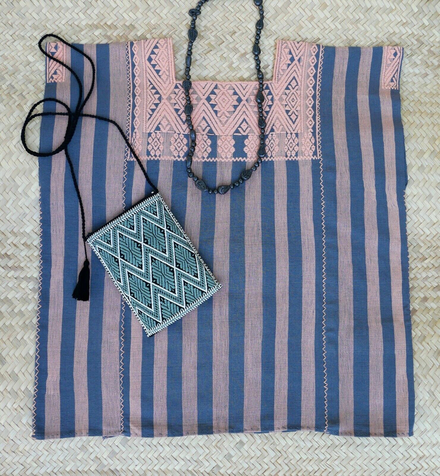 Huipil Top Mayan Peach & Gray Stripe Handwoven Backstrap Loom Chiapas Mexico