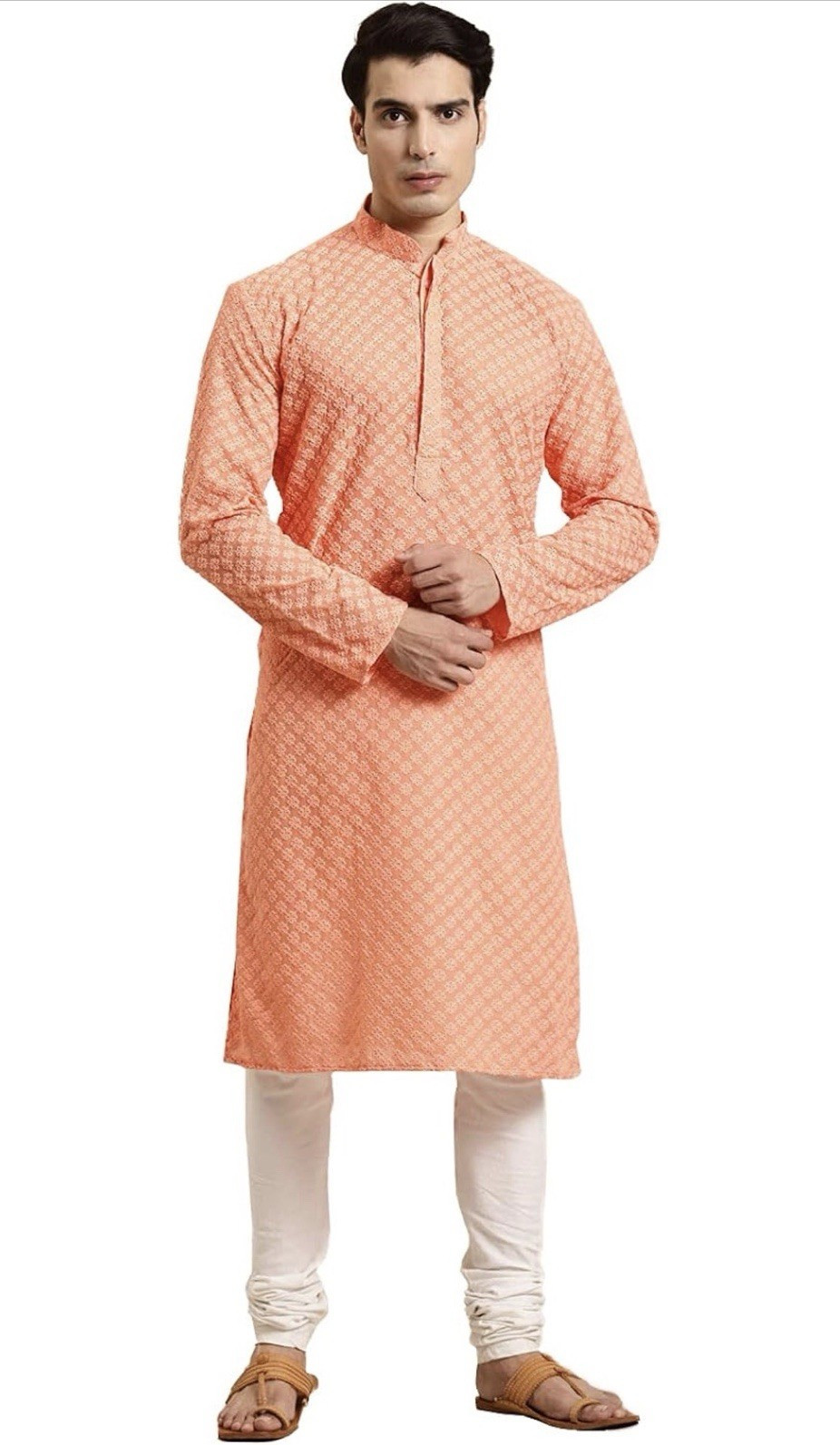 Skavij Men’s Orange Jacquard Silk Blend Kurta Kurtas/Kurti, Size L