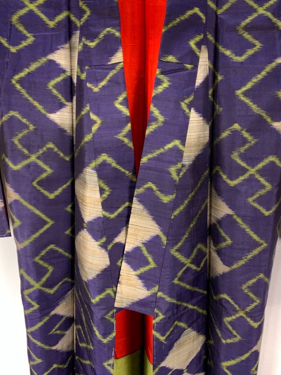 Vintage Japan Meisen Kimono Royal Purple Geometric Pattern Silk Casual Size XS