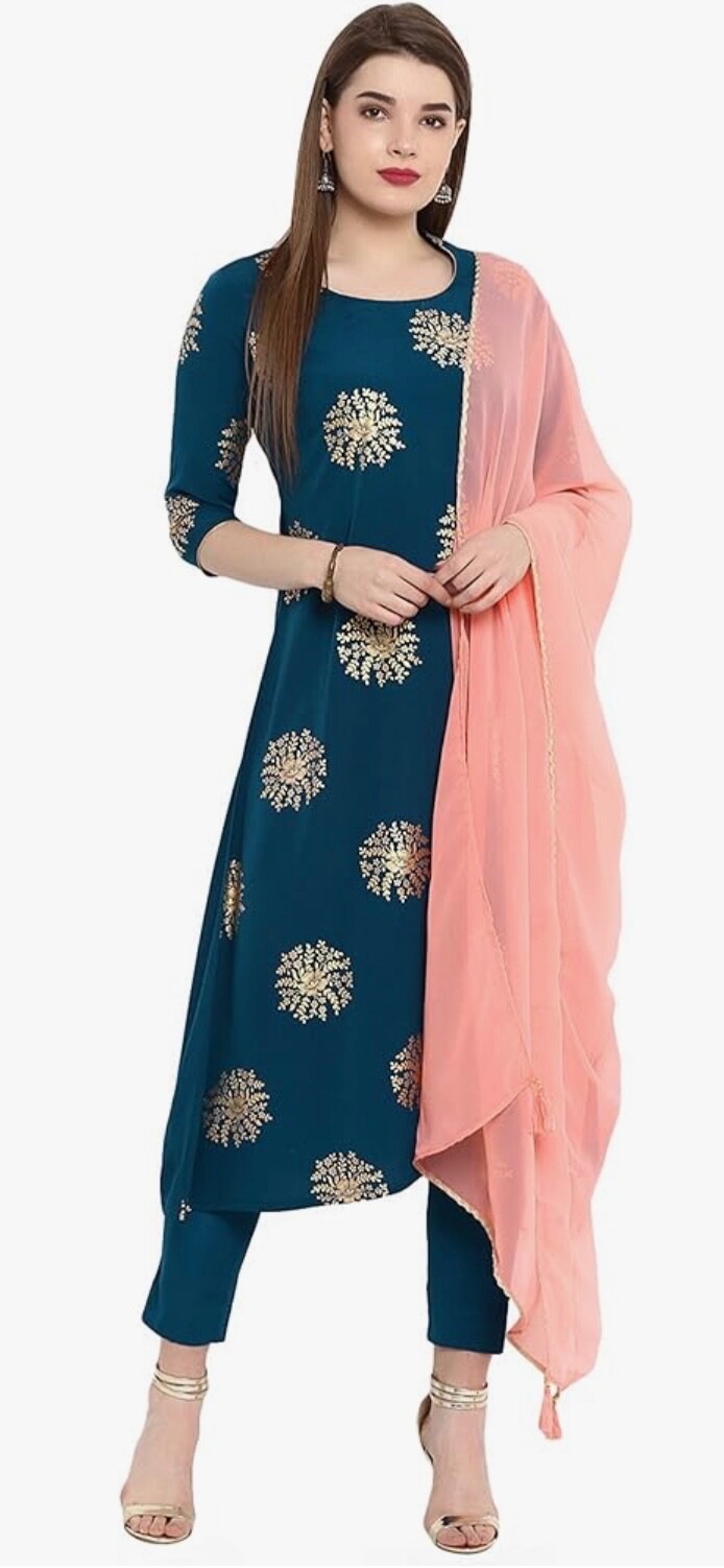 Indian suit for women party wear with pants and dupatta, Blue, Small, NEW