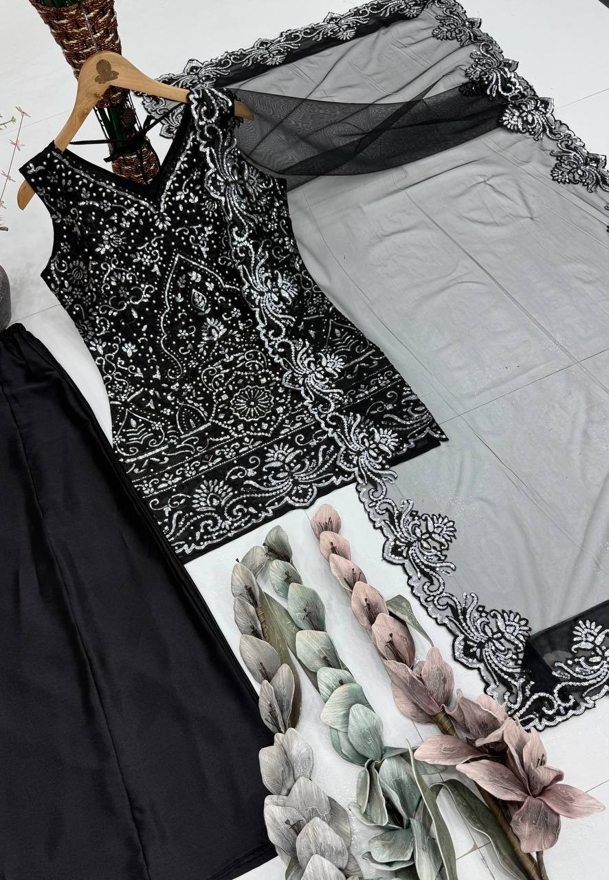 New Launch Star Georgette Black Top Palazzo With Dupatta For Reception Wear