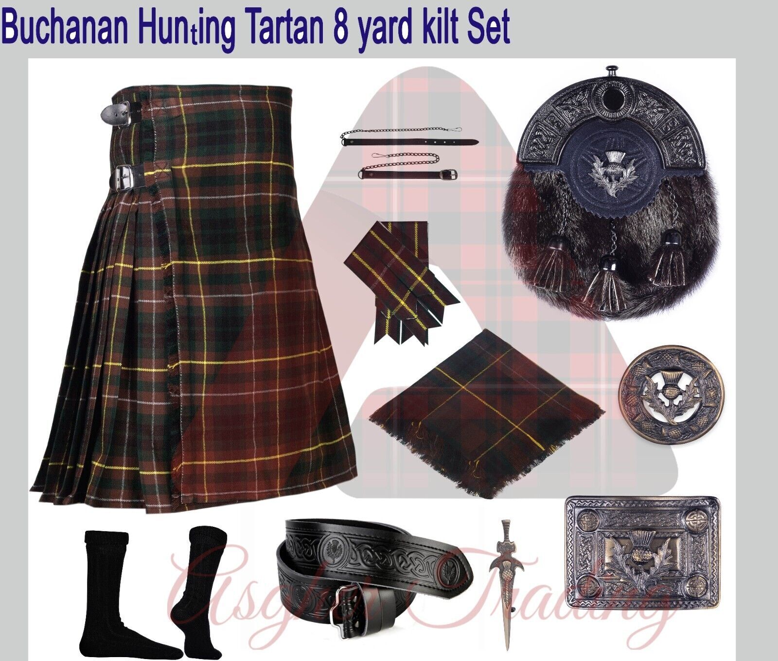 SCOTTISH MEN’S 8 YARD TARTAN KILT Handmade Highland Kilts & Antique Accessories