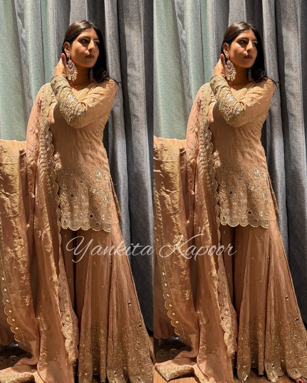 Pakistani Dark Beige Mirror Work Embroidered Kurta Sharara Set Readymade