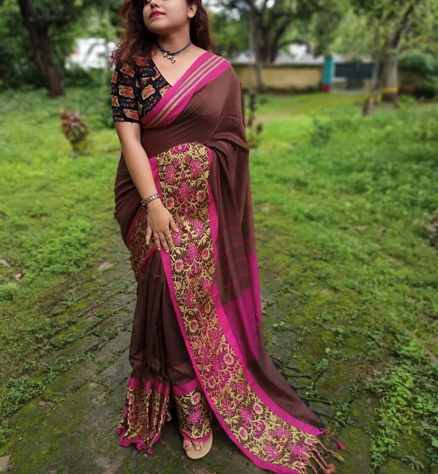 Narayanpet Pure Khadi Cotton Saree Floral Work Handloom Sari With Blouse Piece