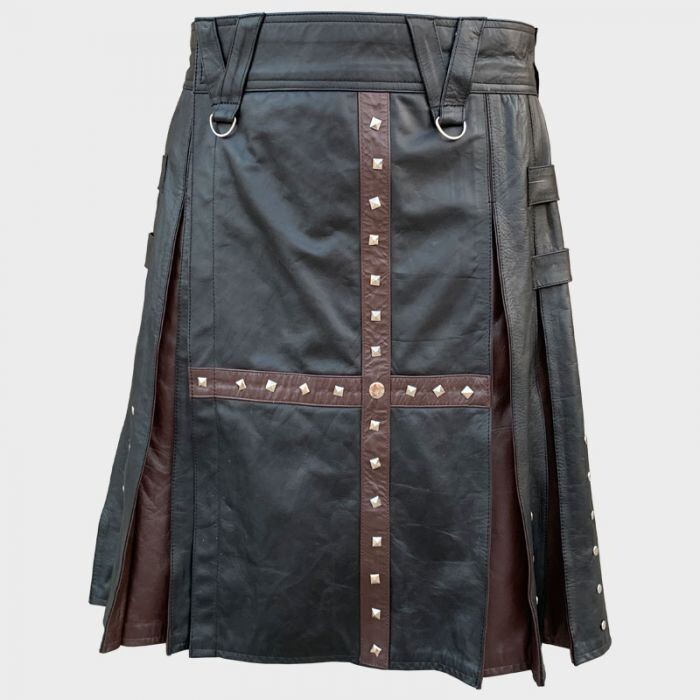 Handmade Black Leather Kilt with Harness – Custom Gladiator Pleated Kilt for Men