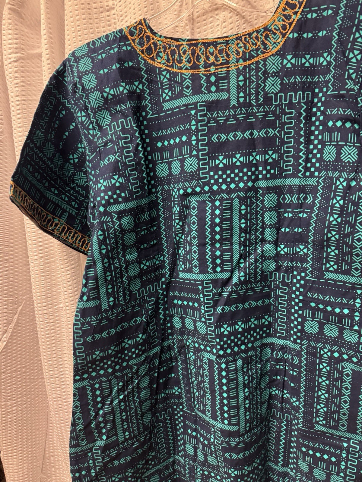 African Dashiki Style Tunic Dress Teal Blue Gold Embroidery Long Kaftan New L/XL