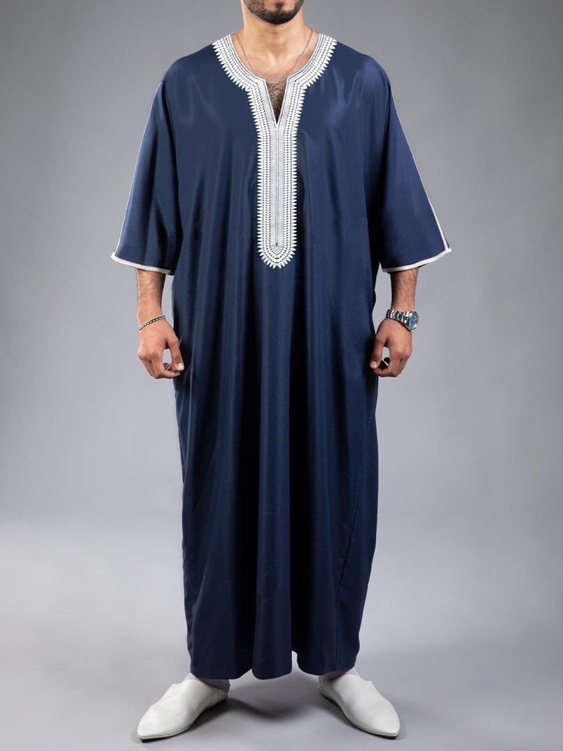 NEW Men’s Moroccan Style 3/4 Sleeve Djellaba Thobe SHINY NAVY Jubbah | S-XXL