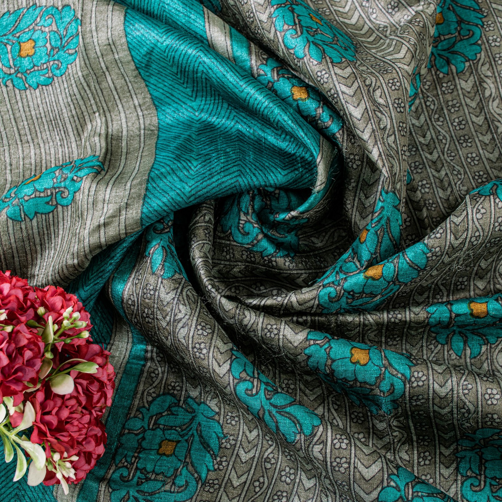 Sanskriti Vintage Gray-Green Pure Bamboo Saree Handblock Kalamkari 6+Yd Fabric