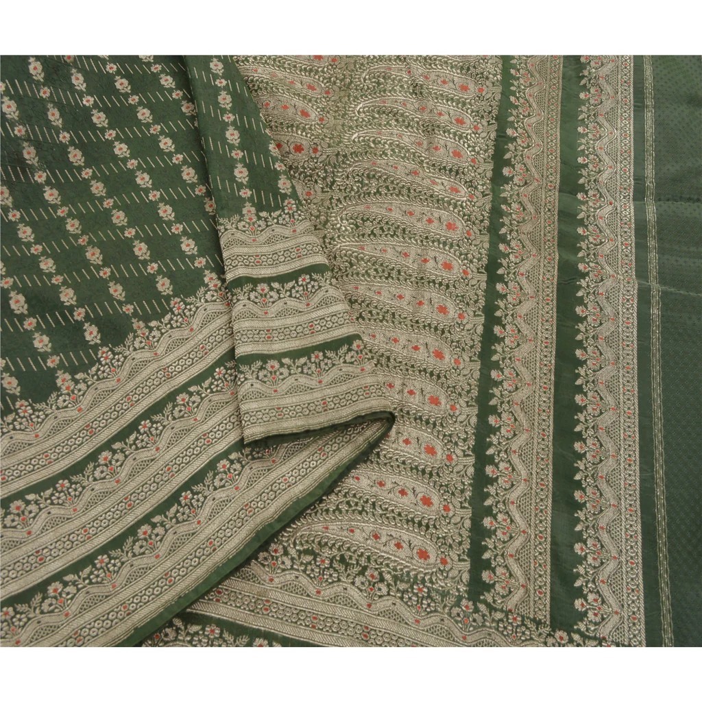 Sanskriti Vintage Green Heavy Sarees Art Silk Banarasi Brocade Fabric Zari Sari
