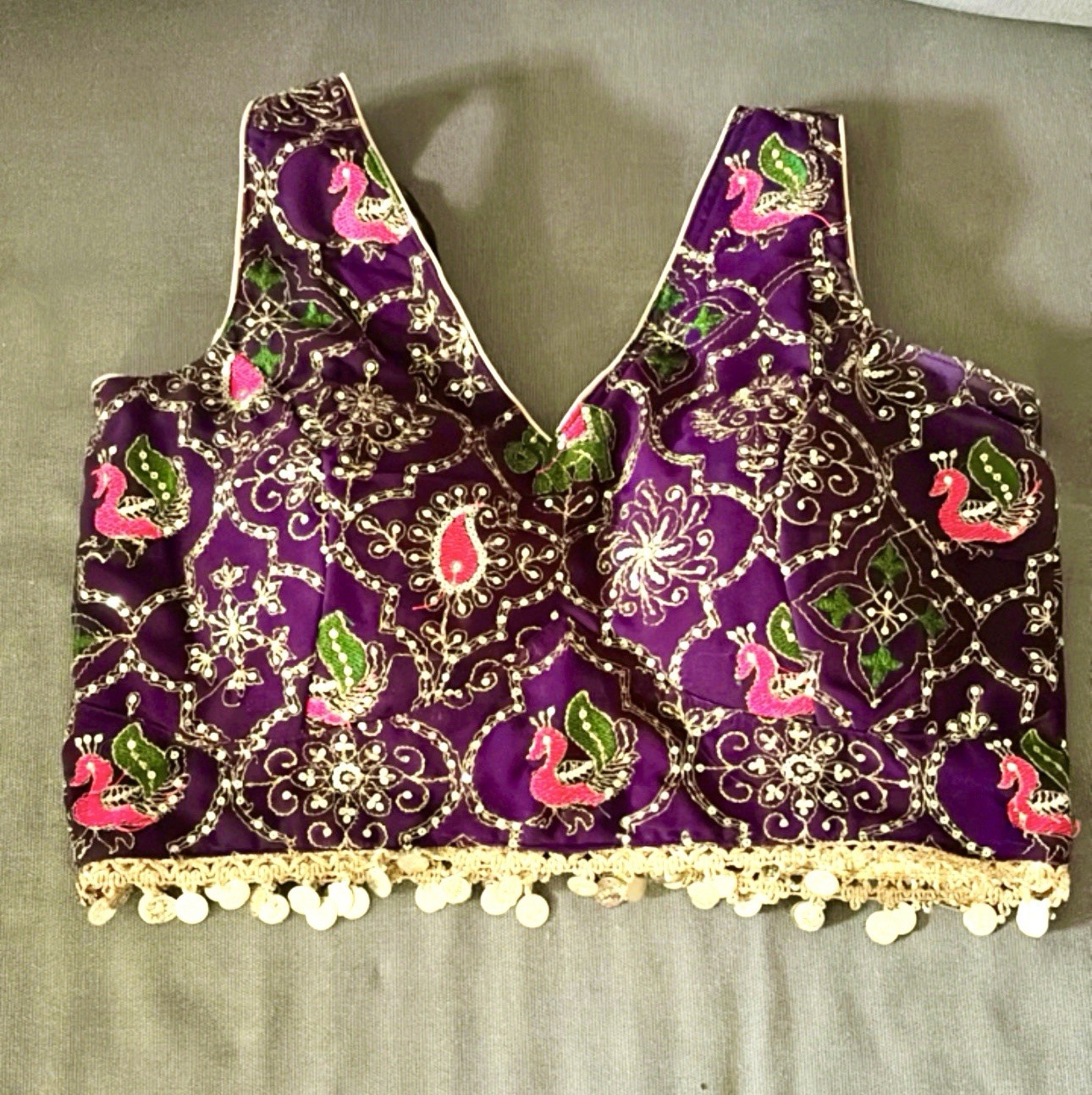Purple Embroidered Choli with Peacock Design and Decorative Trim, Free Size