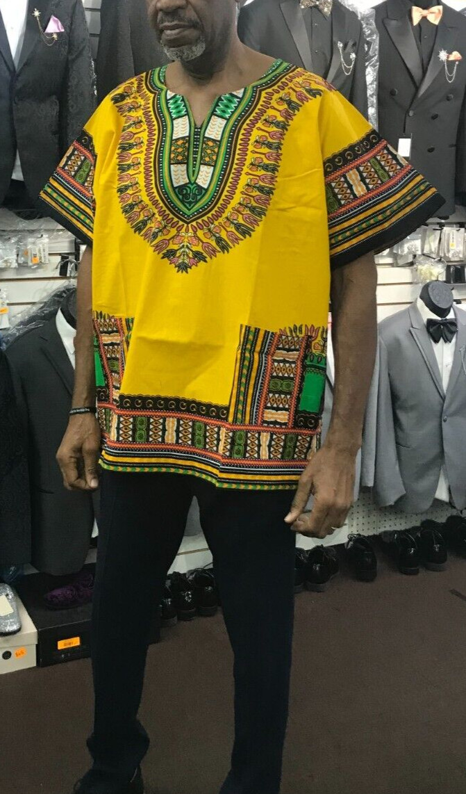 New Men African Yellow Dashiki 5XL, Chest up to 66 inches and Length 39″