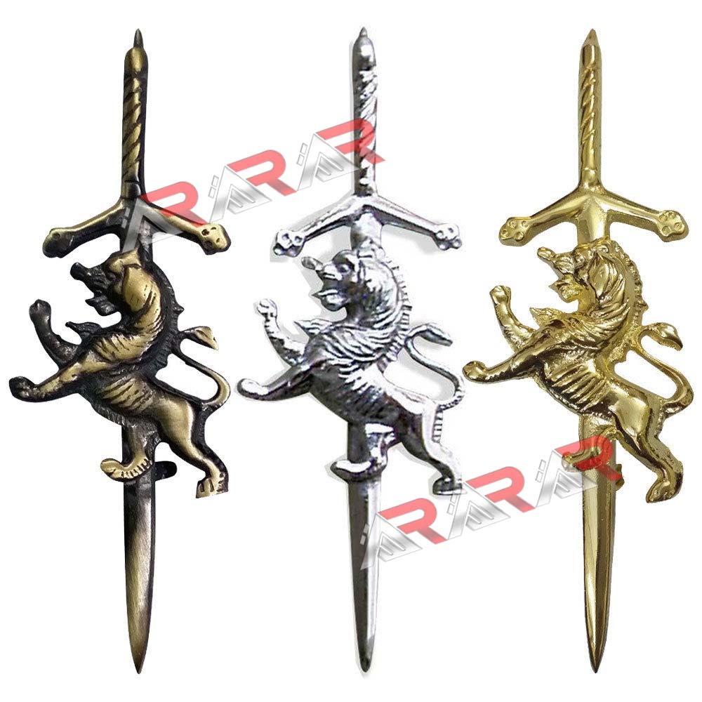 Scottish Kilts Pin Rampant Lion Kilt Pins Antique Chrome Gold Plated 4″ AAR New