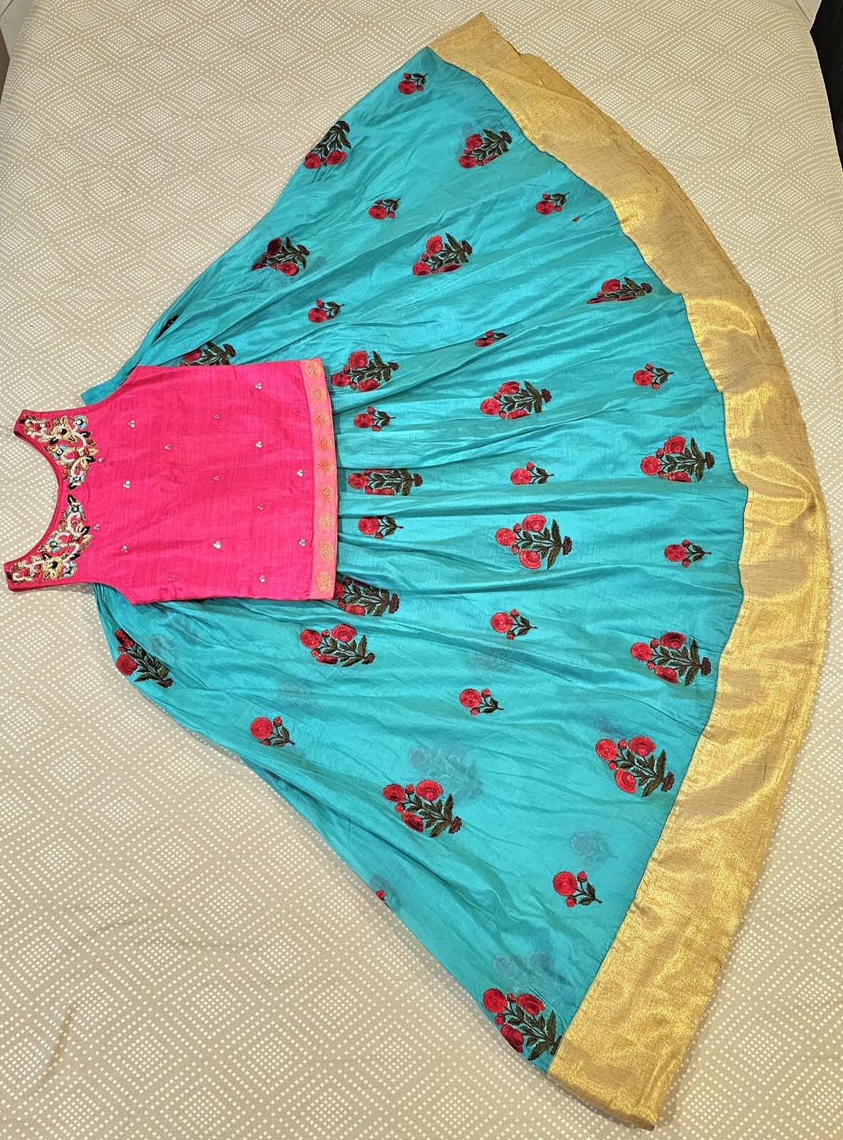 Girls Hot Pink Embroidered Top & Turquoise Blue Lehenga with Dupatta