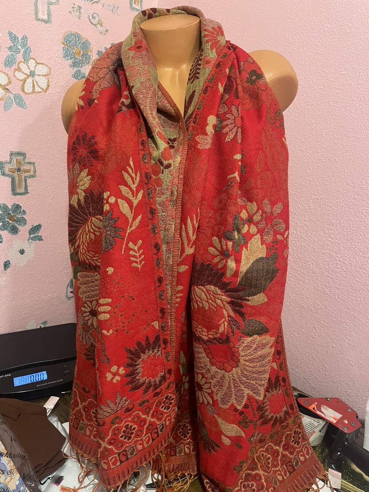 Mexican Women’s Red & Gold Floral Rebozo Poncho Wrap Cover Cape