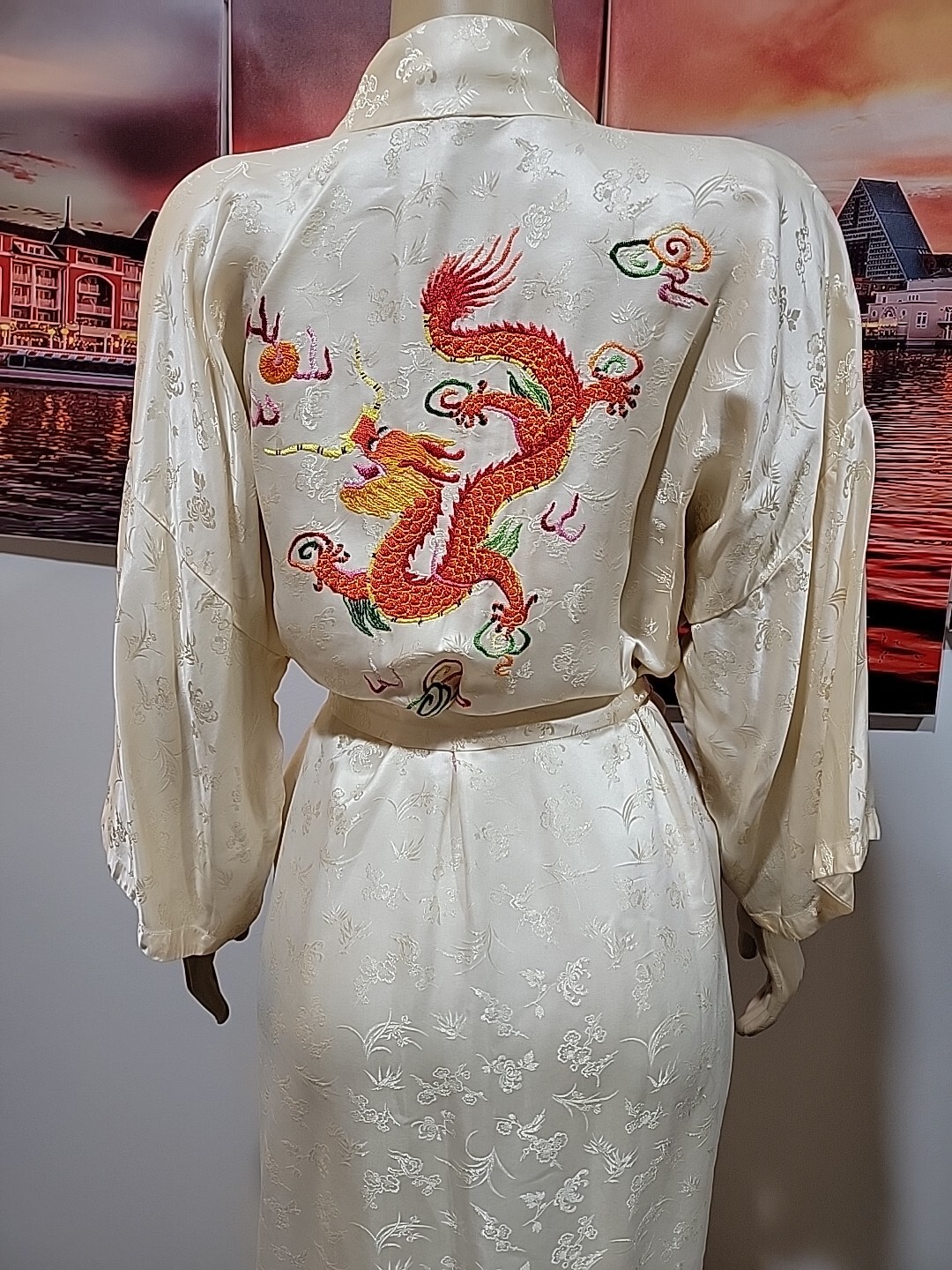 Vintage ESME 100% Silk XL Kimono Robe Dragon Embroidery Pale Yellow #4