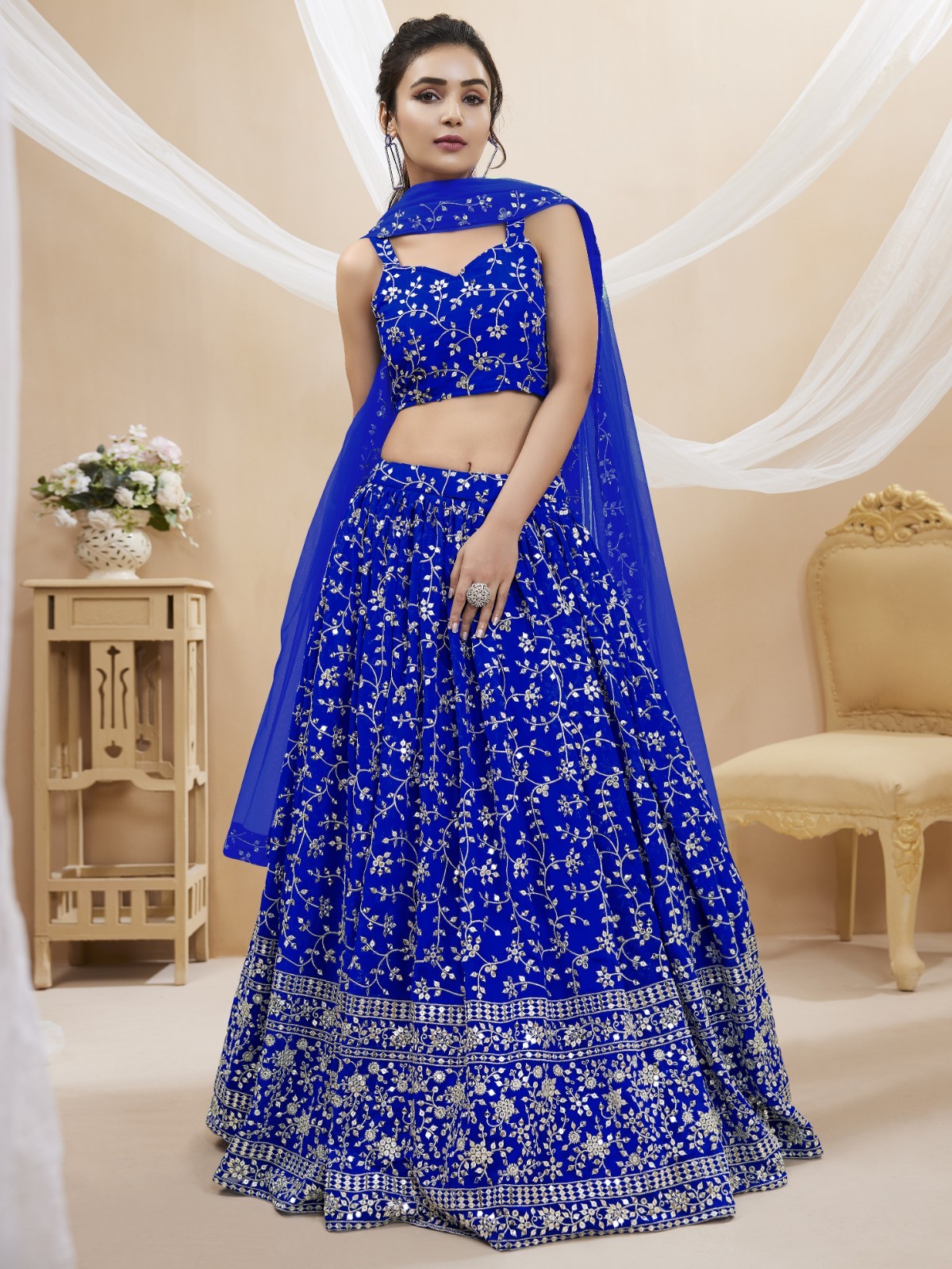 Floral Blue Georgette Lehenga Choli | Indian Wedding Party Wear Designer Outfit