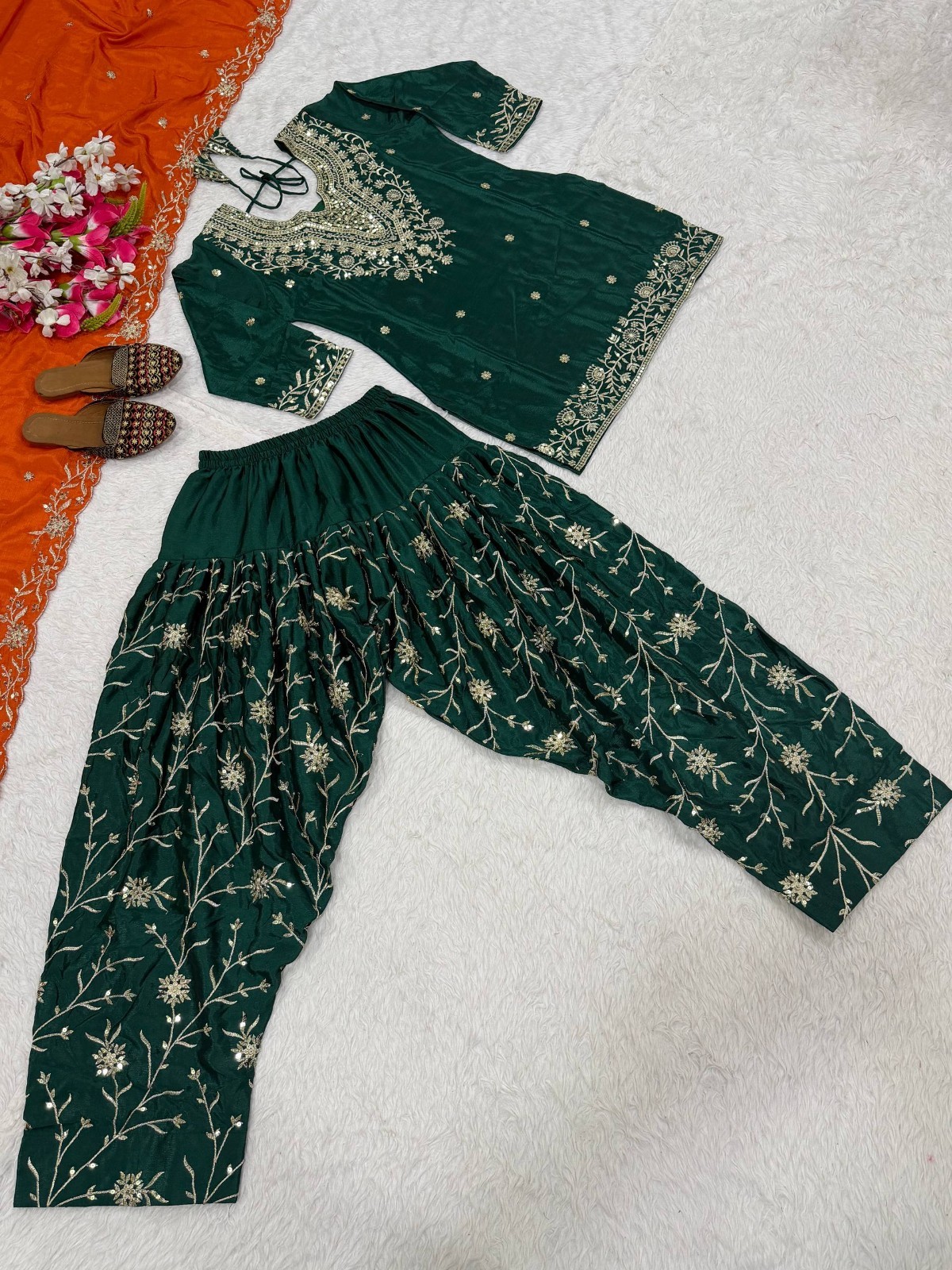 Heavy Chinnon Silk Green Top Dhoti With Dupatta For Women/Girls Wear