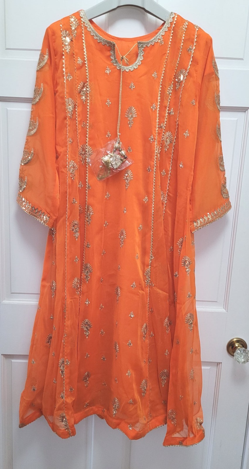 3pc Embroidered Sequin Cotton Chiffon Salwar Kameez & Dupatta – Orange – M