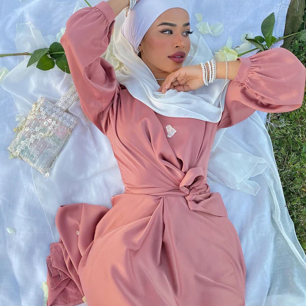 Eid Mubarak Satin Abayas Women Muslim Maxi Dress Islamic Clothing Dubai