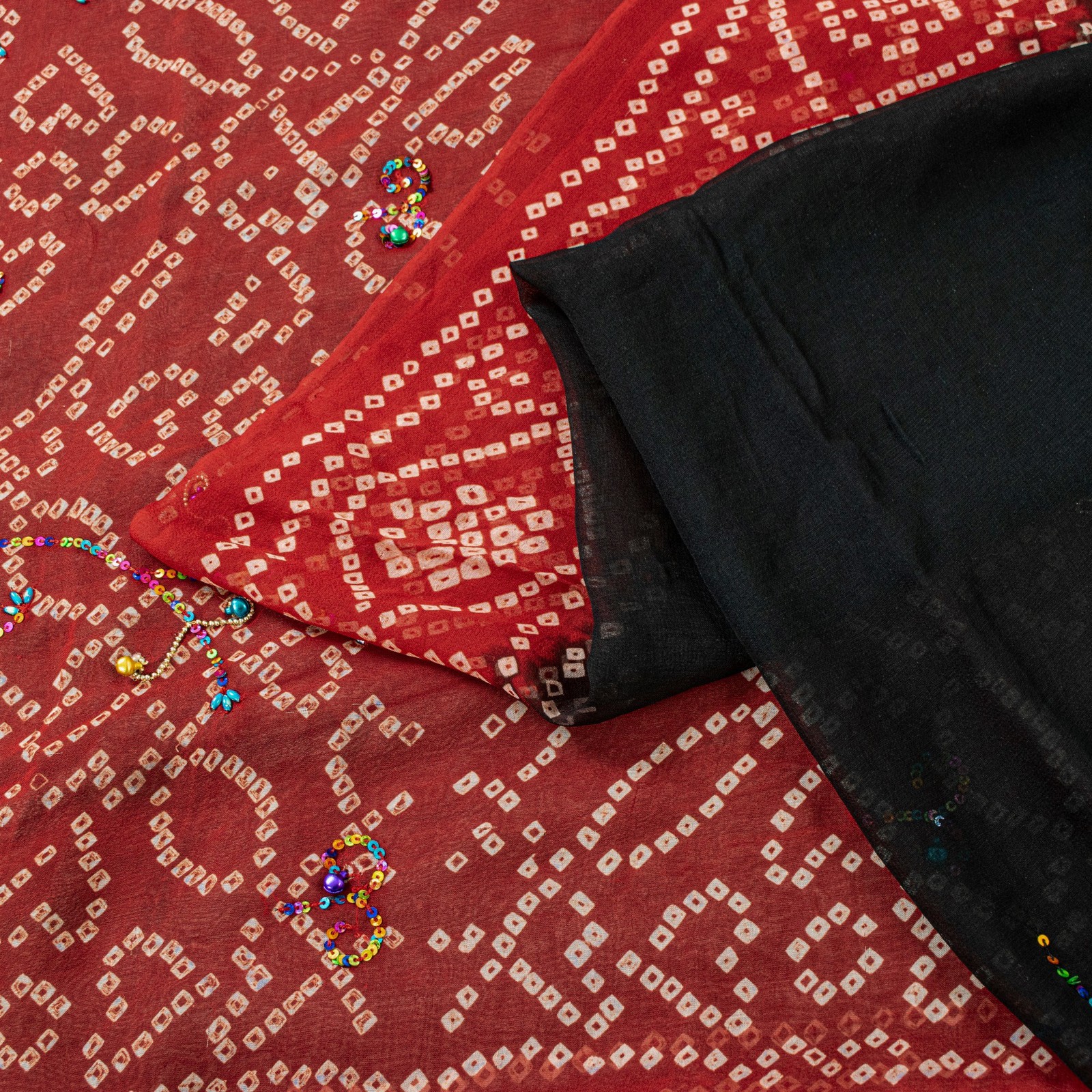 Sanskriti Vintage Black-Red Pure Georgette Saree Bandhani Hand Bead 5+Yd Fabric