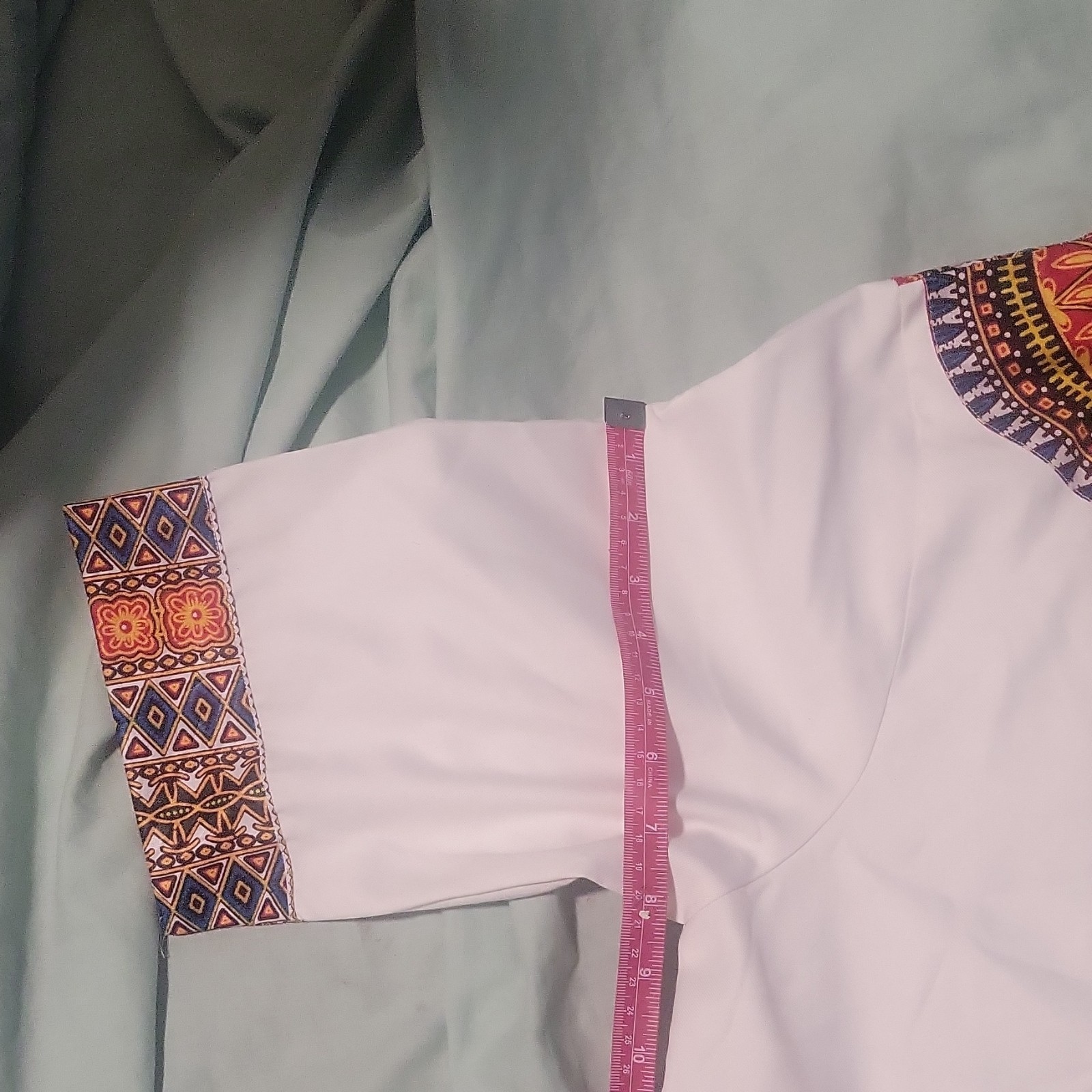 White Dashiki Tunic Top, One Size, Cotton Blend, Multicolor Trim, Pockets