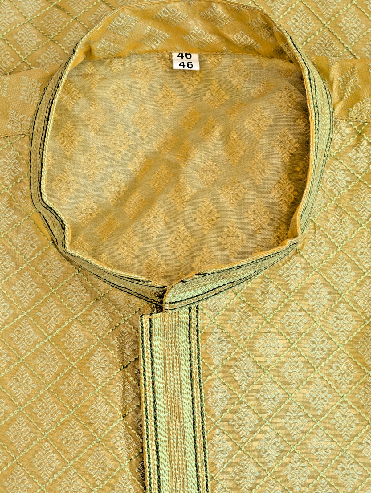 Kurta Pajama Set Lime Woven-In Brocade Mandarin Neck Wedding Party Wear Size 46