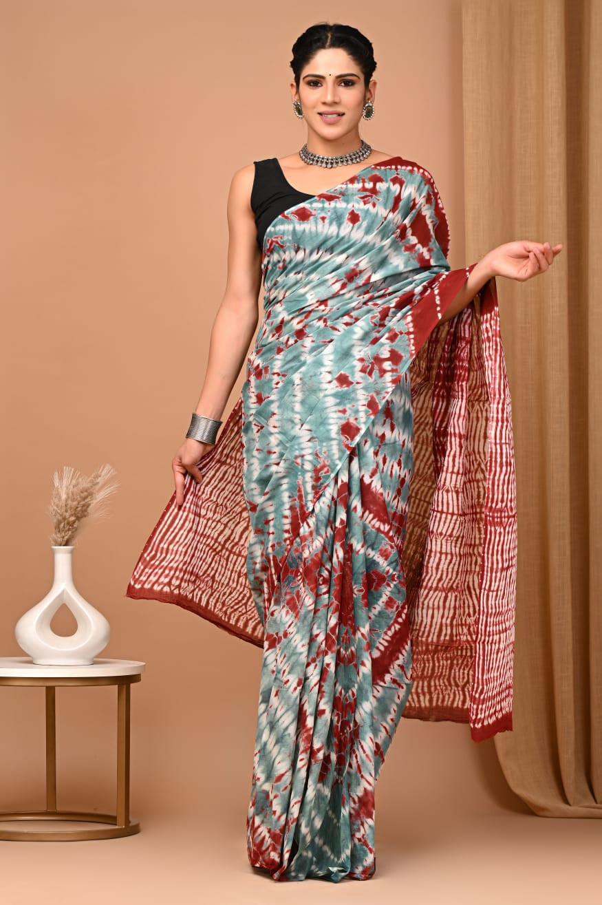 Buy Floral Print Mulmul Cotton Saree Dress | Dabu Hand Block Print | Geometrical
