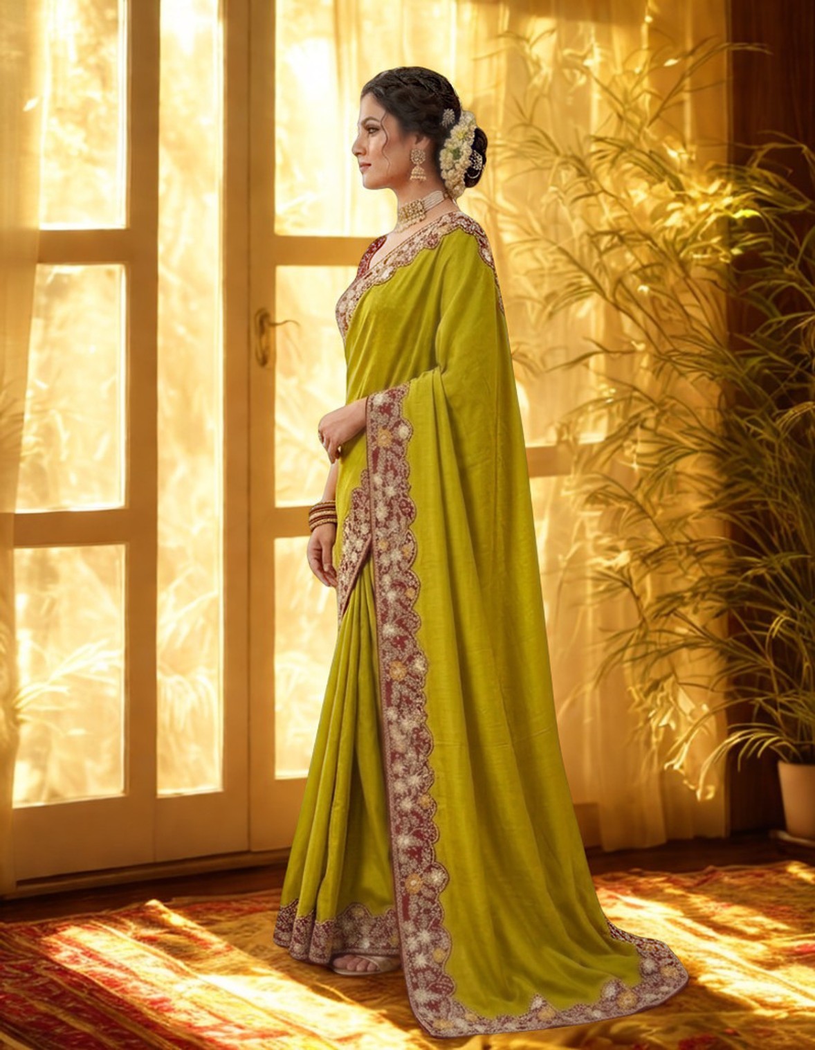 Embroiderd Art Silk Saree With Stitched Blouse (Dark Green)