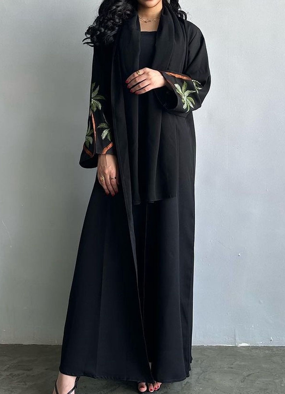 Women Fashion Loose Cardigan Arab Robe Embroidered Coconut Tree Burqa Muslim