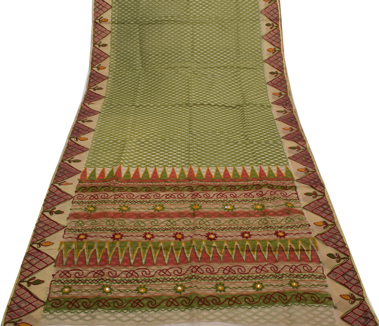 Sushila Vintage Indian Green Saree Blend Cotton Printed Sari Craft 5 Yard Fabric