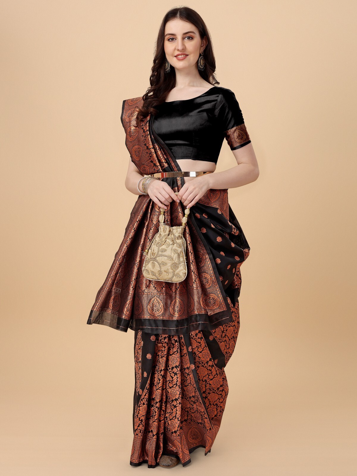 Areca Designer Copper Pyramid Zari Work Silk Green saree blouses women 5.5 Meter