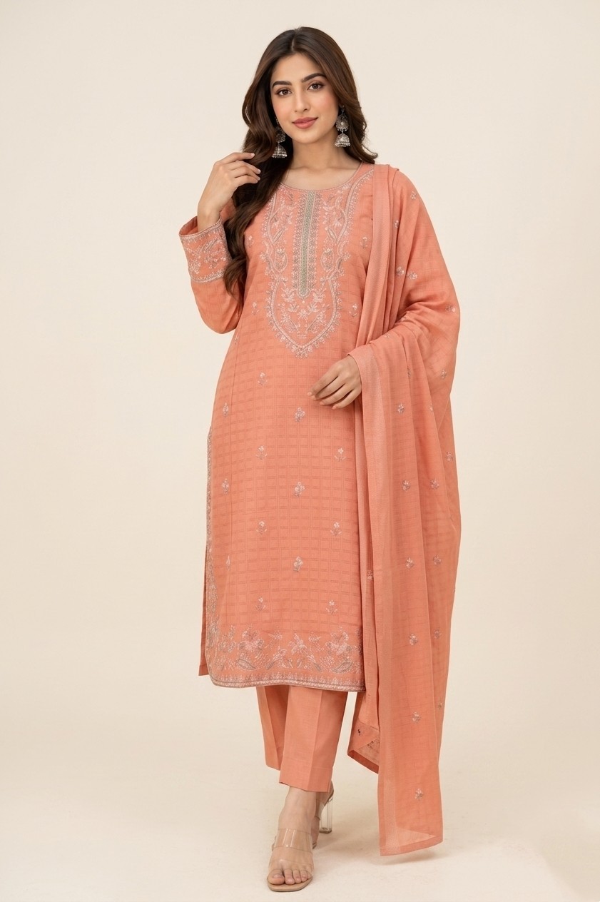 Women’s Peach Embroidered Cotton 3 Piece Embroidered Suit – Standard Size