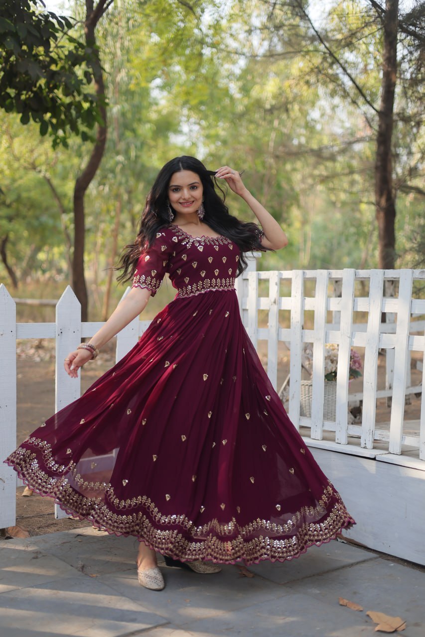 Bridesmaids Dress Indian Wear Maroon Embroidery Work Gown For Traditional Party