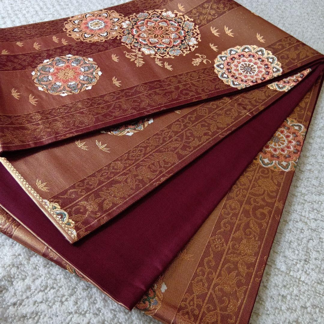 Japanese Silk Fukuro Obi Brown Floral Geometric Pattern 448 x 31 cm