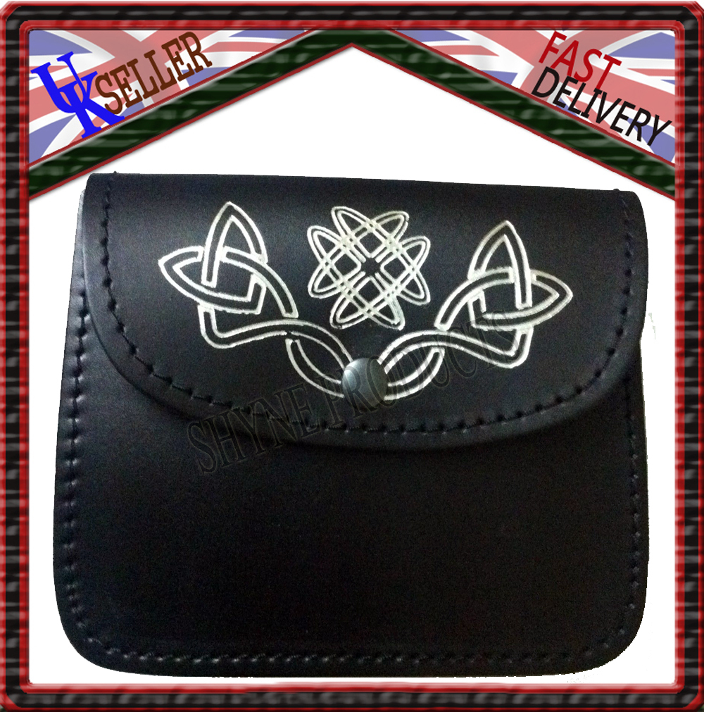 Black Kilt Belt pouch With Celtic Embossed Silver100% real Leather sporran/pouch