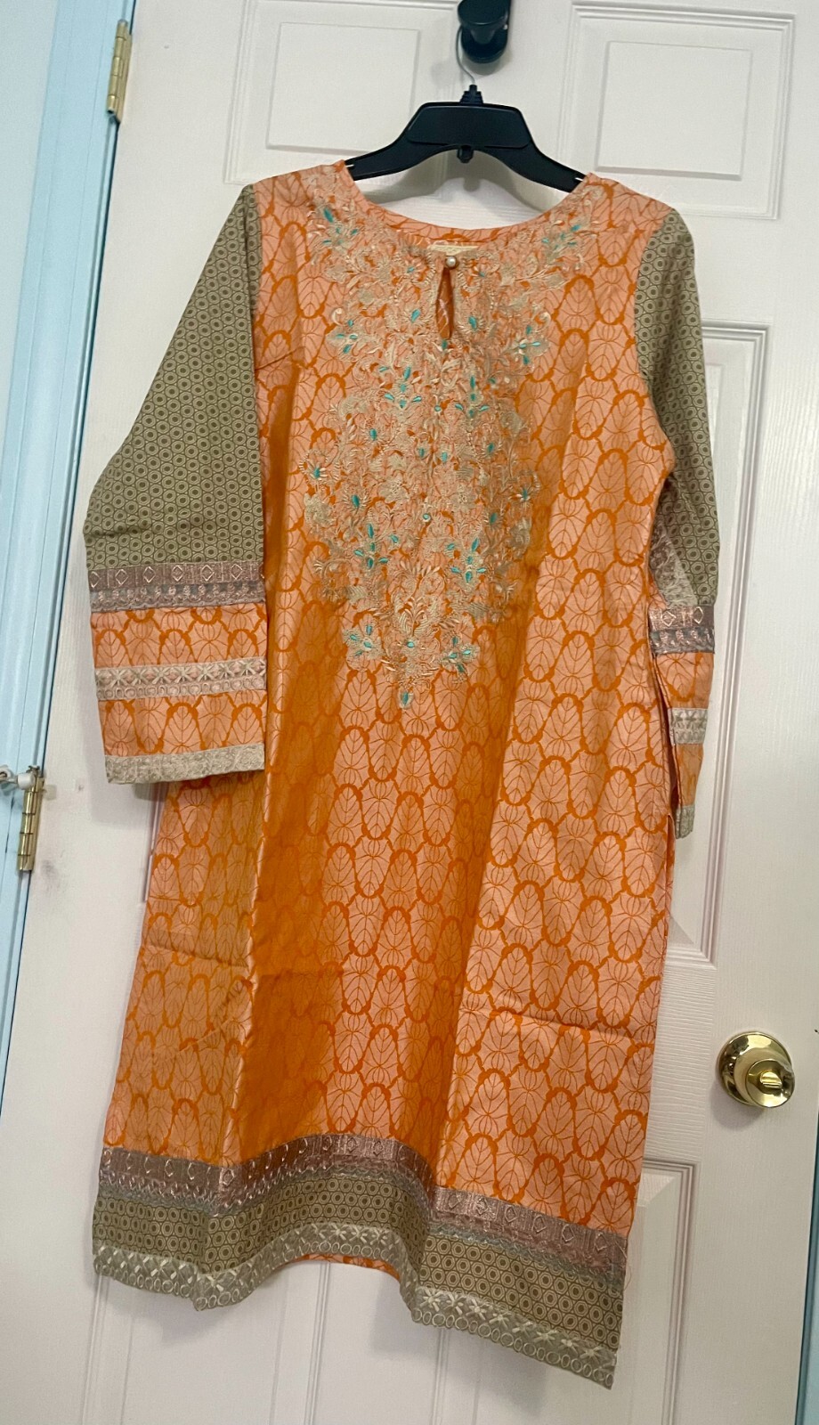BEECHTREE Jamawar Cotton Kurta Size 12! Orange Beige color! Embroidered! NEW