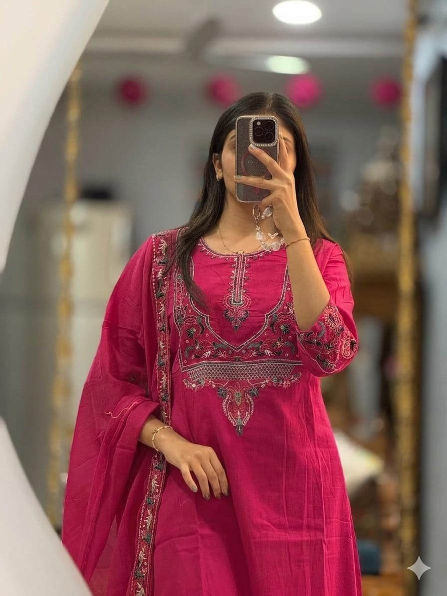 Pink Embroidered Cotton Kurta Pant Dupatta Set Women IndianEnhance your ethnic