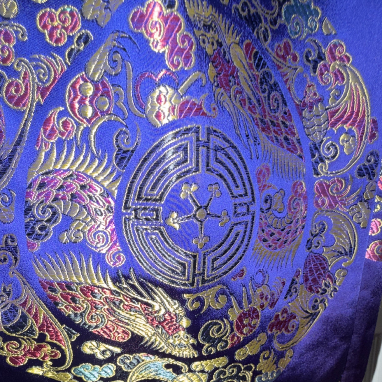 Blue Satin Asian-Style Brocade Robe/Tunic Mandala Pattern, One Size Unisex