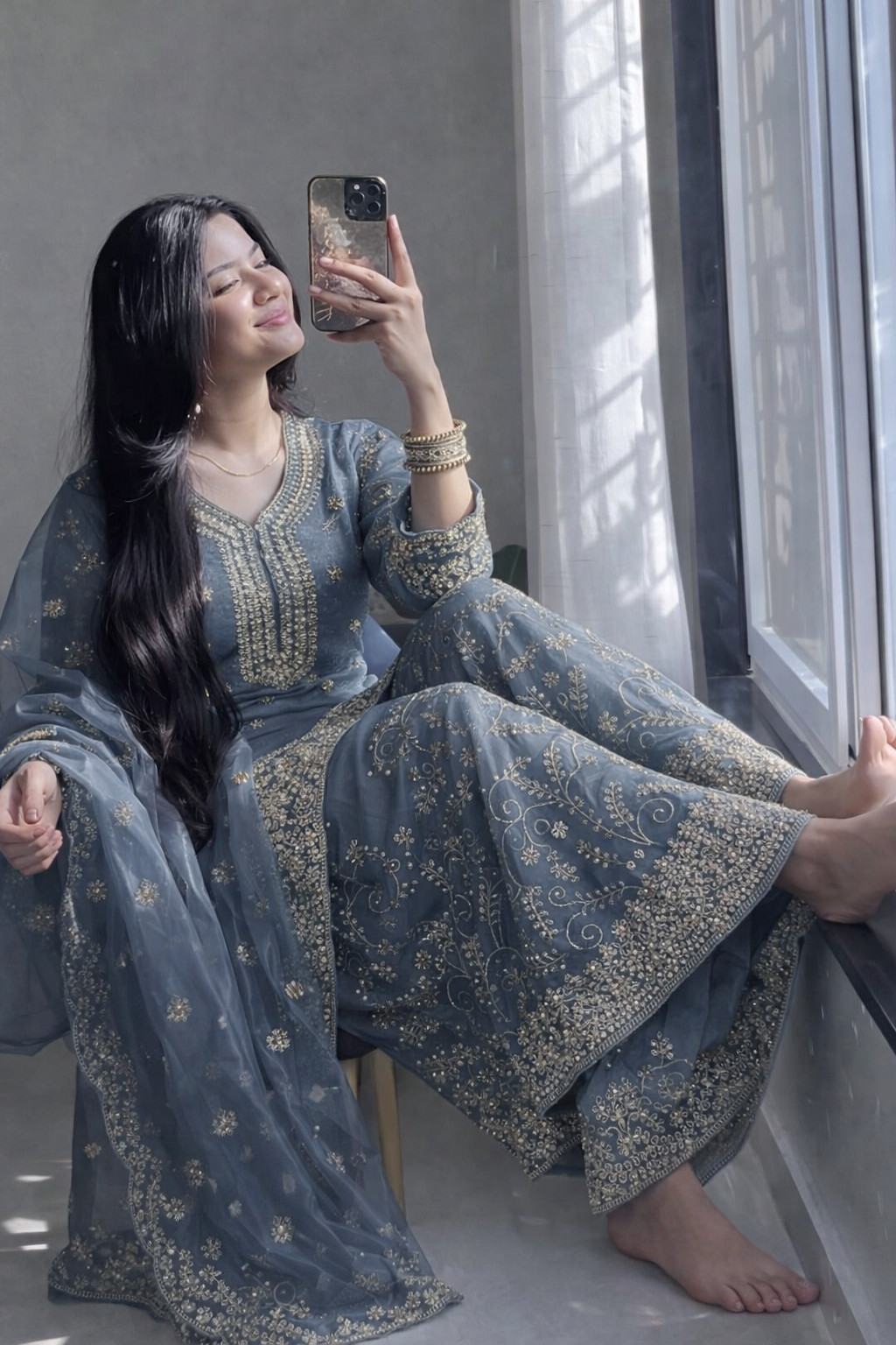 Latest Natural Crap Silk Gray Salwar Kameez With Dupatta For Traditional Wear