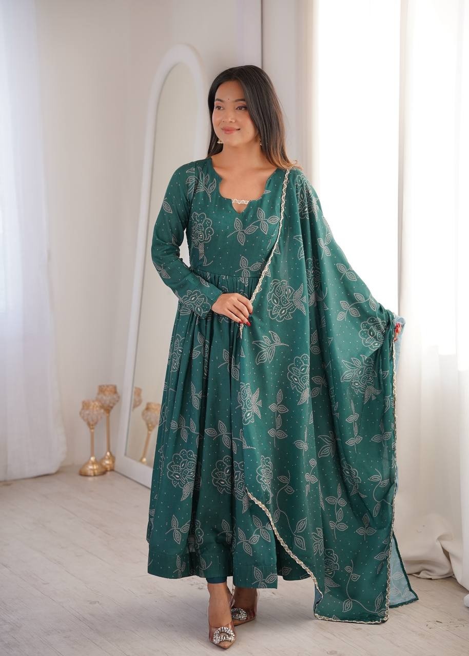 Printed Maslin Silk Anarkali Gown Suit Set 4 Mtr Flair Wedding Dress Pair