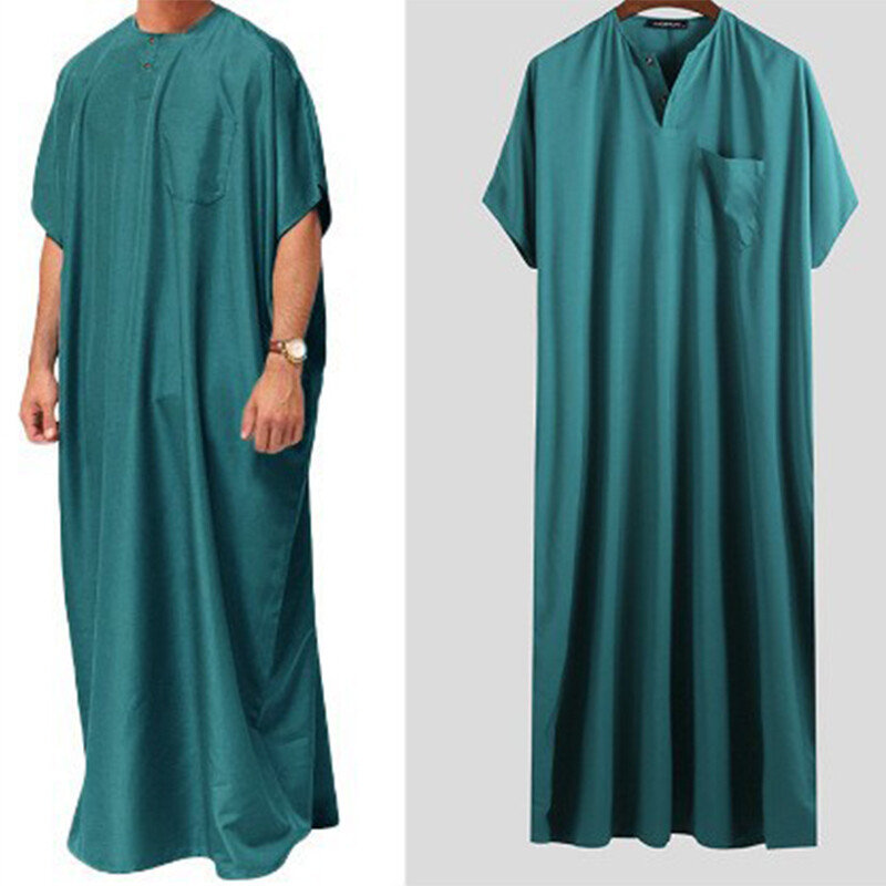Men Muslim Kaftan Half Sleeve Thobe Saudi Arab Robe Vintage Abaya Dress Costume