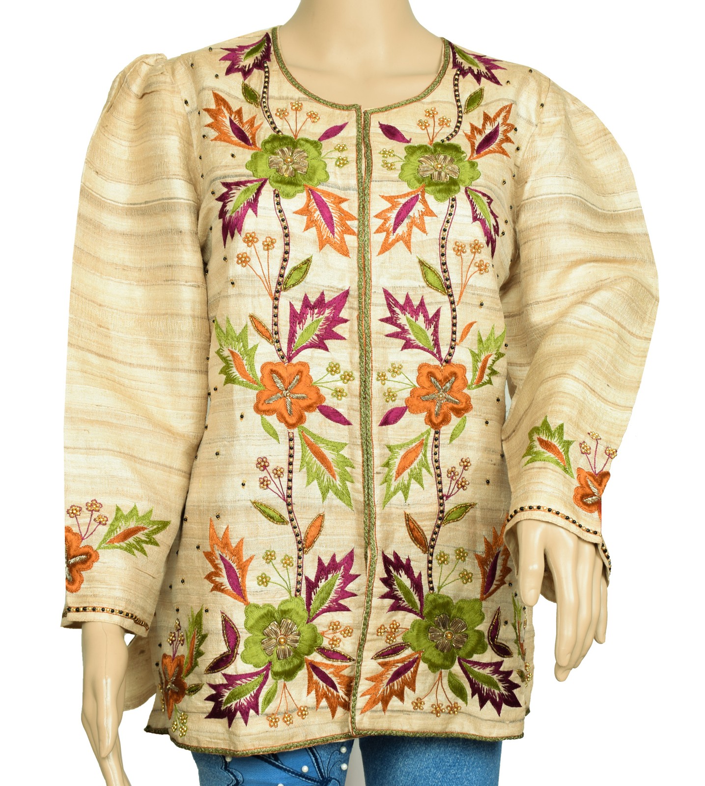 Sushila Vintage Readymade Stitched Top Beige Pure Khadi Hand Beaded Short Kurti