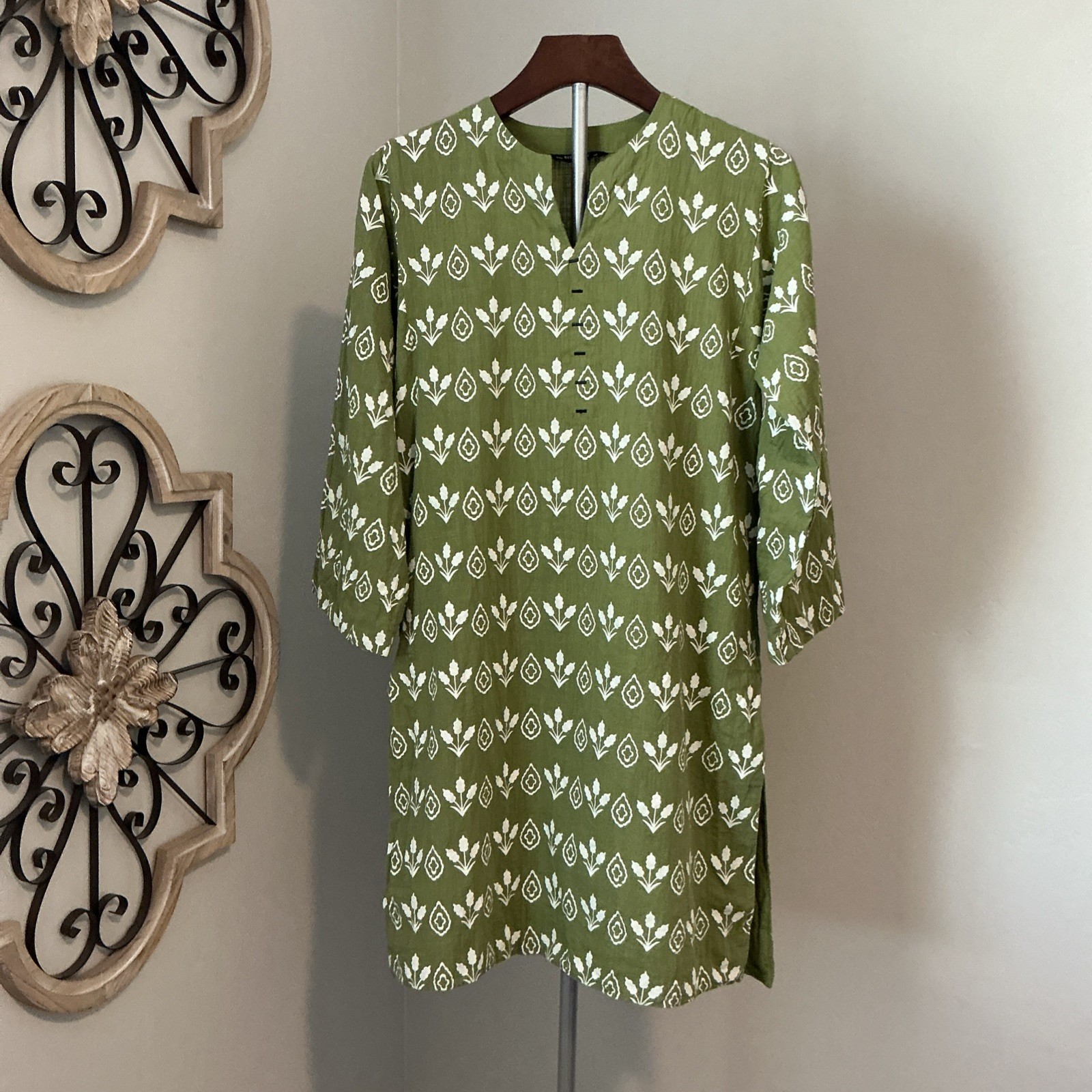 Beechtree Pakistan Shirt Kurti Green Ivory Shirt 2 Way Slub Sz 8