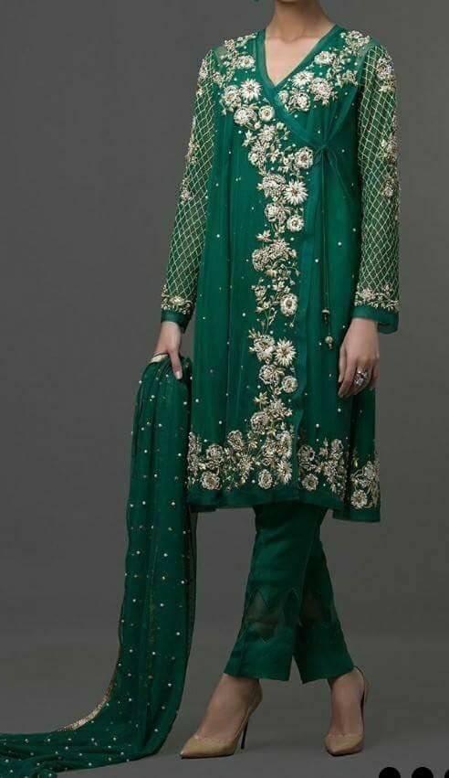 PARTY WEAR MULTI EMBROIDERY GREEN GOLD RED ANARKALI SALWAR KAMEEZ S/M/L/XL