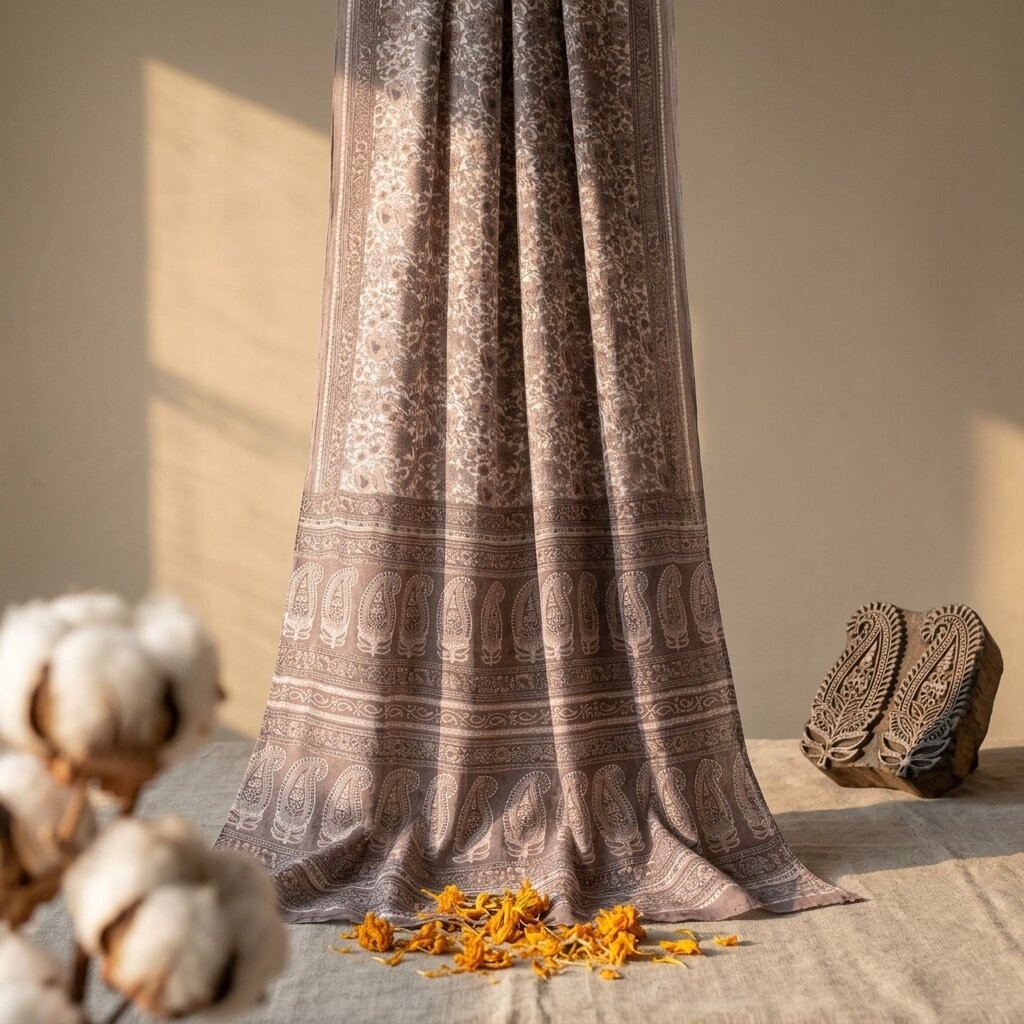 Sanskriti Vintage Saree White-Gray Pure Cotton Printed Sari Craft Fabric 5+Yard