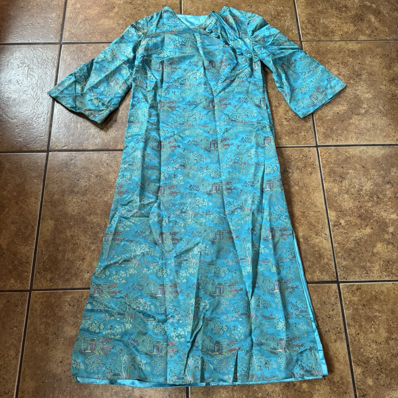 Vintage Double Peach Teal Satin Jacquard Chinese Robe Gown Kimono Coat